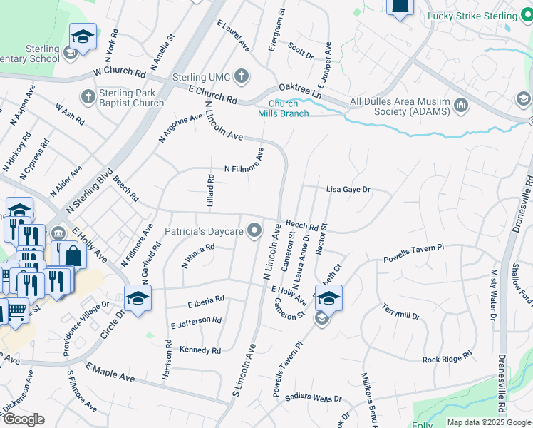 map of restaurants, bars, coffee shops, grocery stores, and more near 1501 East Beech Road in Sterling