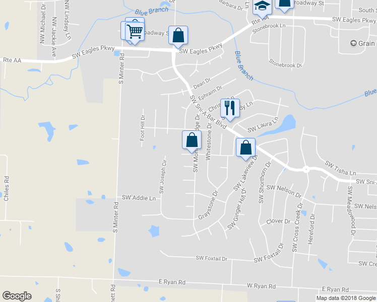 map of restaurants, bars, coffee shops, grocery stores, and more near 1214 Southwest Stockman Court in Grain Valley