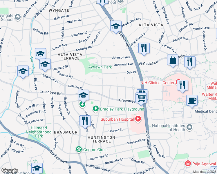 map of restaurants, bars, coffee shops, grocery stores, and more near 8916 Oneida Lane in Bethesda