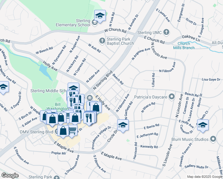 map of restaurants, bars, coffee shops, grocery stores, and more near 315 East Dartmouth Drive in Sterling