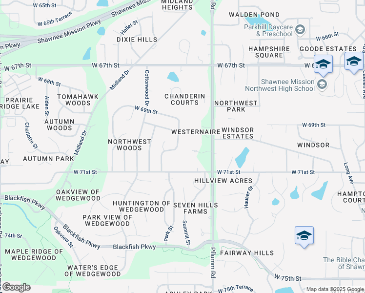 map of restaurants, bars, coffee shops, grocery stores, and more near 7000 Pflumm Road in Shawnee