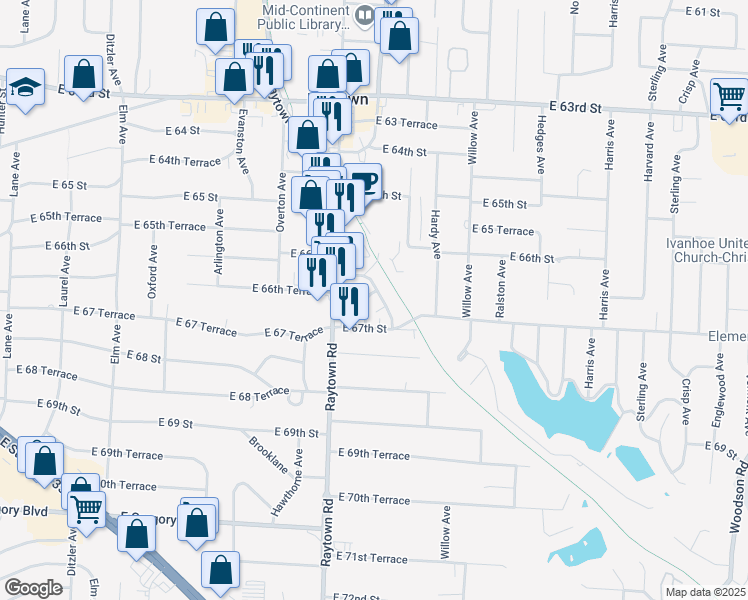 map of restaurants, bars, coffee shops, grocery stores, and more near 6643 Cedar Avenue in Raytown