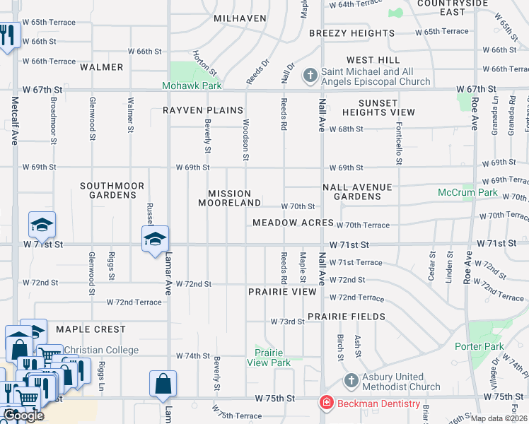 map of restaurants, bars, coffee shops, grocery stores, and more near 5808 West 70th Terrace in Overland Park