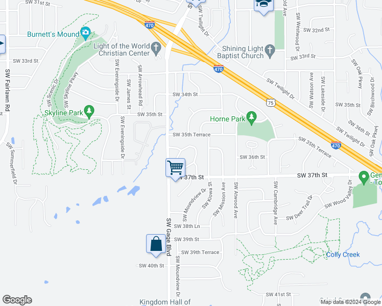 map of restaurants, bars, coffee shops, grocery stores, and more near 92 Southwest Rose Hill Circle in Topeka