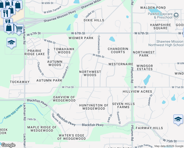 map of restaurants, bars, coffee shops, grocery stores, and more near 7001 Cottonwood Drive in Shawnee
