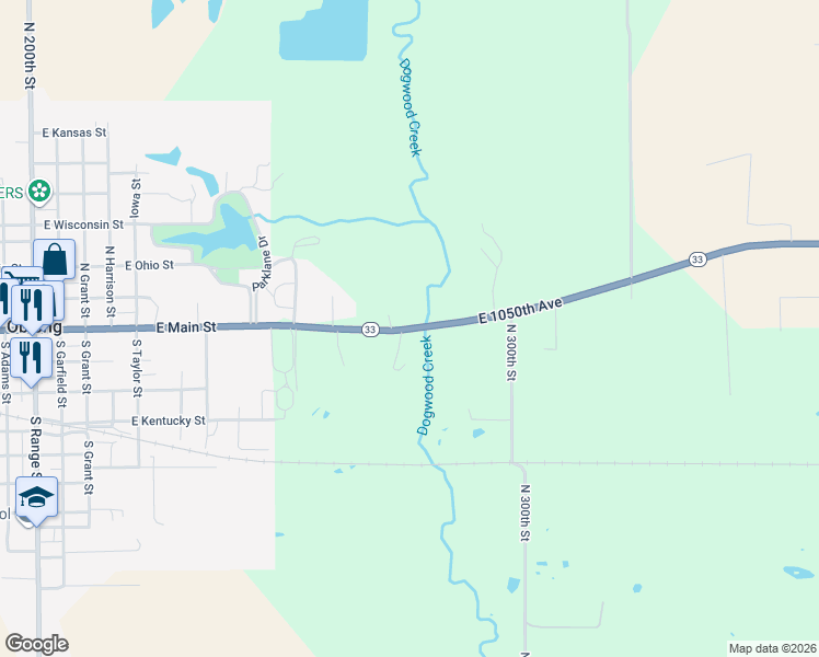 map of restaurants, bars, coffee shops, grocery stores, and more near 2758 East 1050th Avenue in Oblong