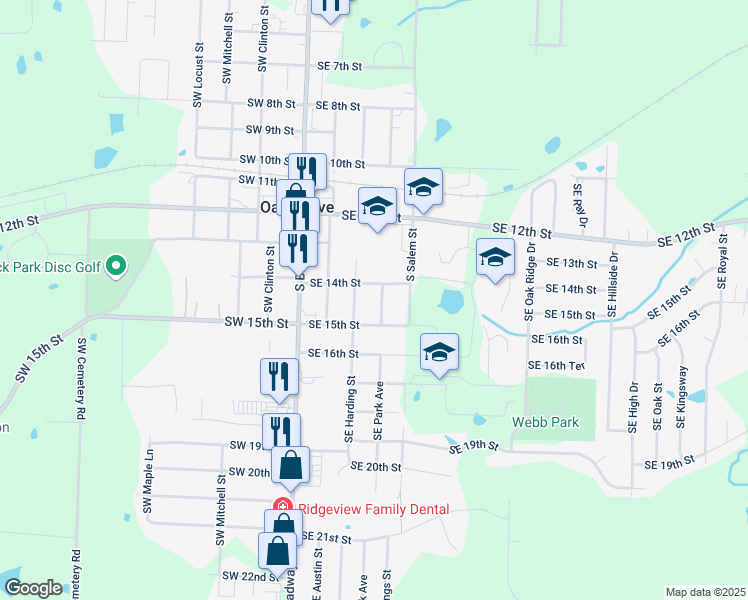 map of restaurants, bars, coffee shops, grocery stores, and more near 1405 South Harding Street in Oak Grove