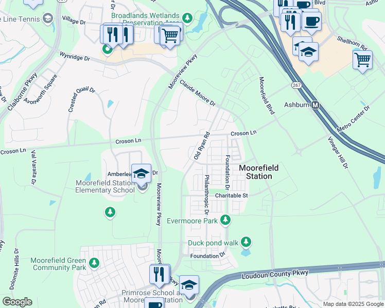 map of restaurants, bars, coffee shops, grocery stores, and more near Station Terrace in Ashburn