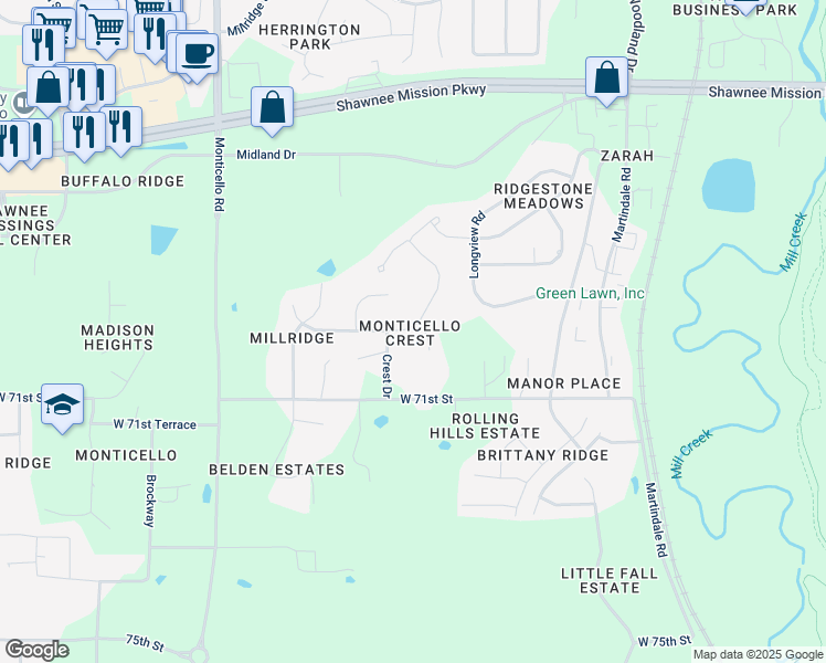 map of restaurants, bars, coffee shops, grocery stores, and more near 7002 Marion in Shawnee
