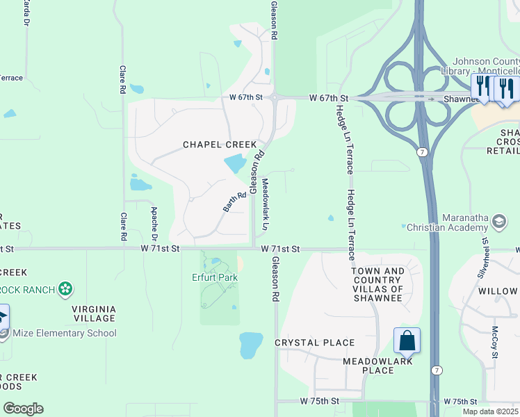 map of restaurants, bars, coffee shops, grocery stores, and more near 23903 West 70th Street in Shawnee