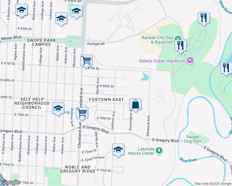 map of restaurants, bars, coffee shops, grocery stores, and more near 4200 East 68th Terrace in Kansas City