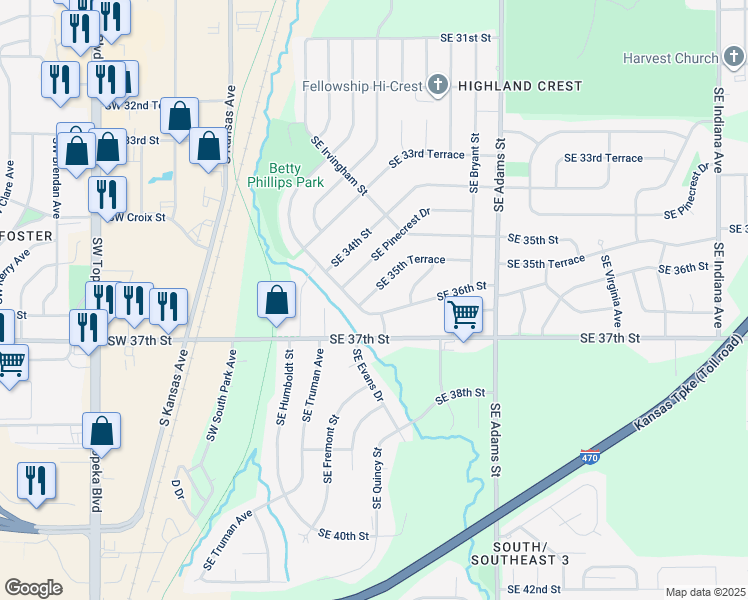 map of restaurants, bars, coffee shops, grocery stores, and more near 221 Southeast 35th Terrace in Topeka
