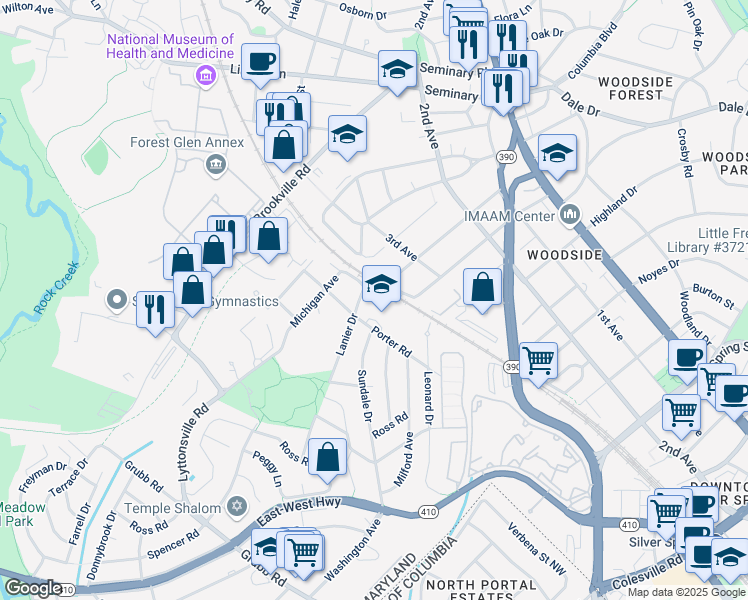 map of restaurants, bars, coffee shops, grocery stores, and more near 2111 Porter Road in Silver Spring