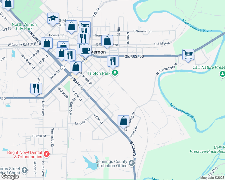 map of restaurants, bars, coffee shops, grocery stores, and more near 502 South Jennings Street in North Vernon