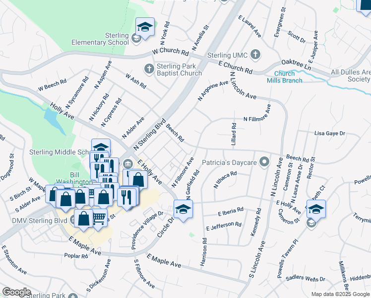 map of restaurants, bars, coffee shops, grocery stores, and more near 440 East Cornell Drive in Sterling