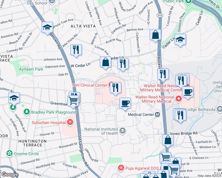 map of restaurants, bars, coffee shops, grocery stores, and more near 10 Center Drive in Bethesda