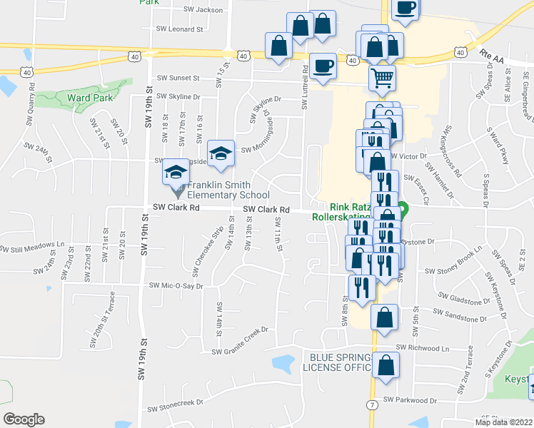 map of restaurants, bars, coffee shops, grocery stores, and more near 1200 Southwest Clark Road in Blue Springs