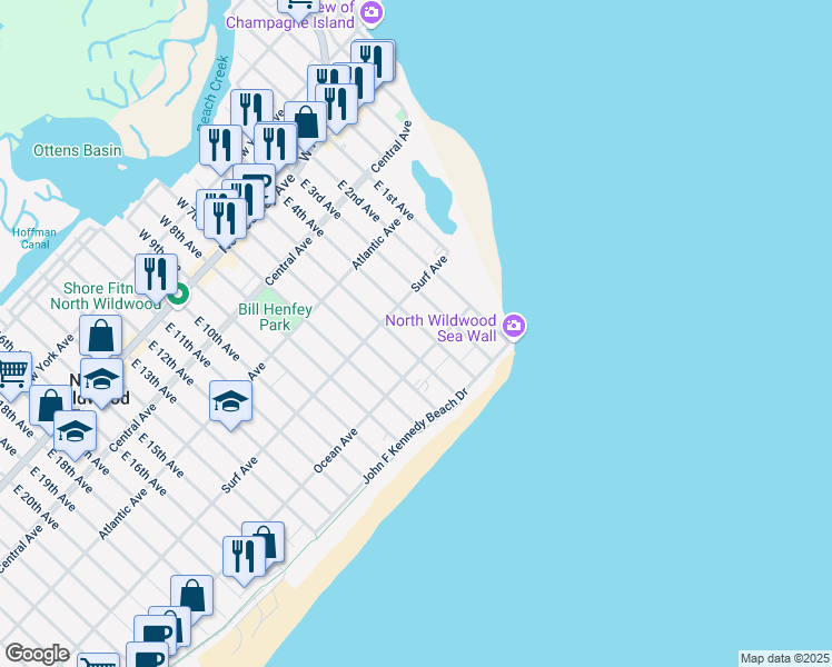 map of restaurants, bars, coffee shops, grocery stores, and more near 422 East 4th Avenue in North Wildwood