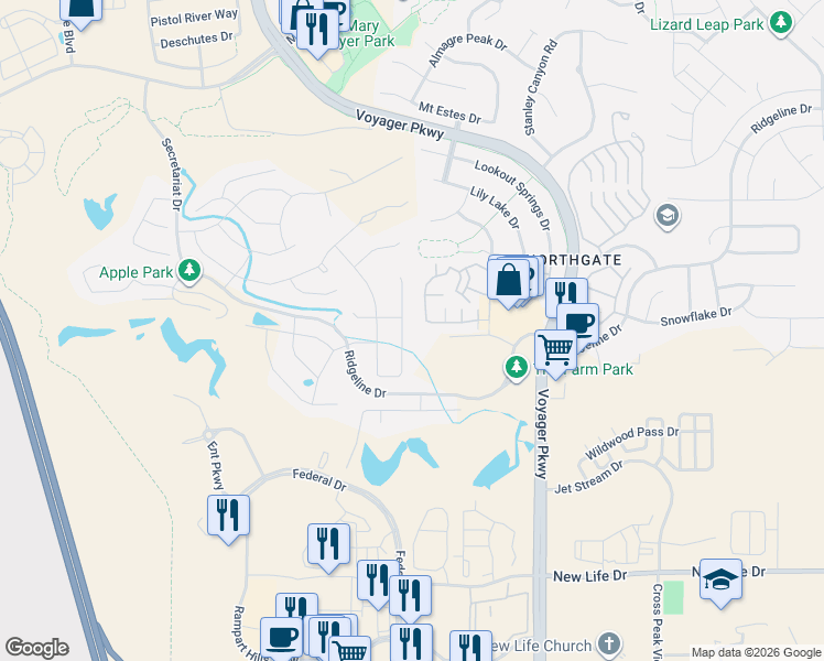 map of restaurants, bars, coffee shops, grocery stores, and more near 11583 Spectacular Bid Circle in Colorado Springs