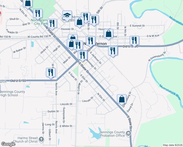 map of restaurants, bars, coffee shops, grocery stores, and more near 209 South State Street in North Vernon