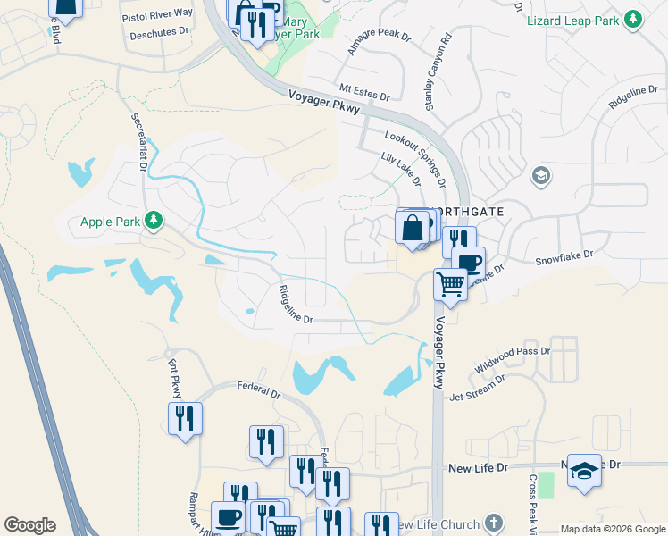 map of restaurants, bars, coffee shops, grocery stores, and more near 11589 Spectacular Bid Circle in Colorado Springs