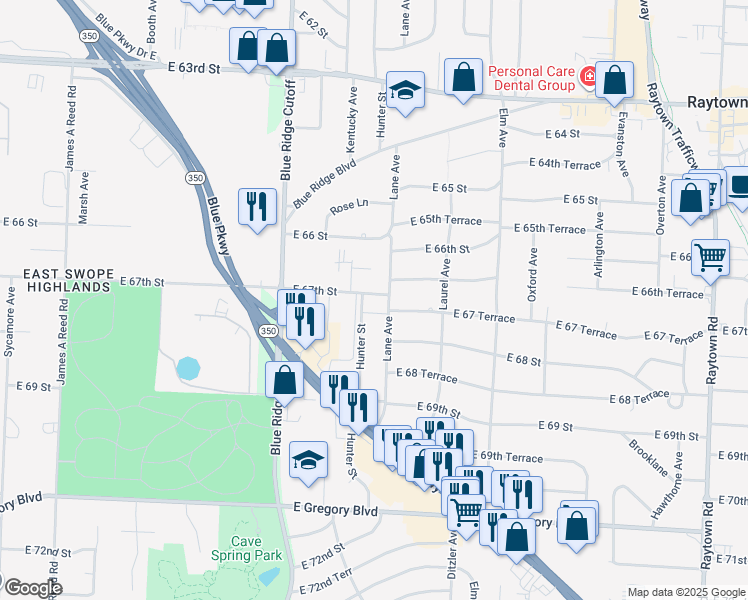 map of restaurants, bars, coffee shops, grocery stores, and more near 6709 Hunter in Raytown