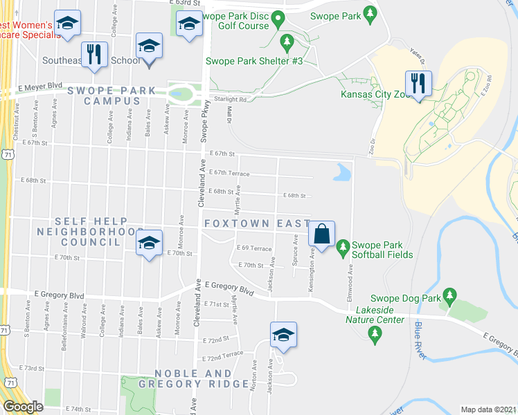 map of restaurants, bars, coffee shops, grocery stores, and more near 4031 East 68th Terrace in Kansas City