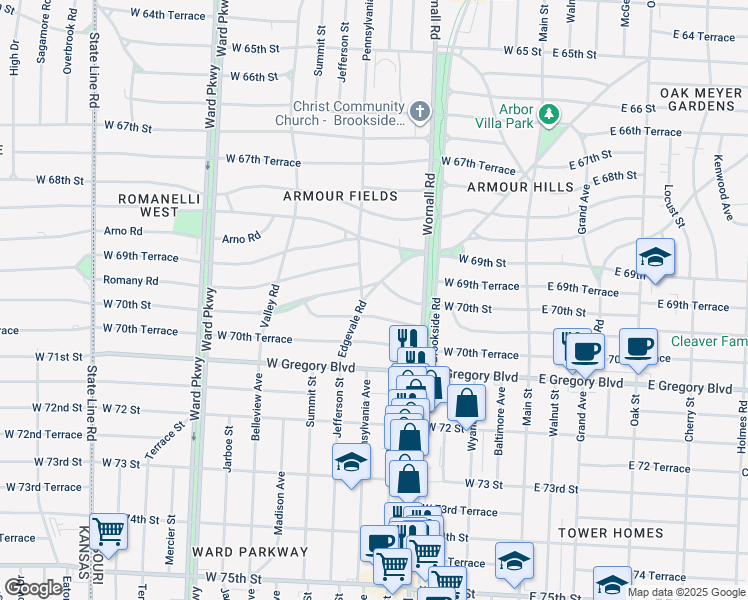 map of restaurants, bars, coffee shops, grocery stores, and more near 444 West Dartmouth Road in Kansas City