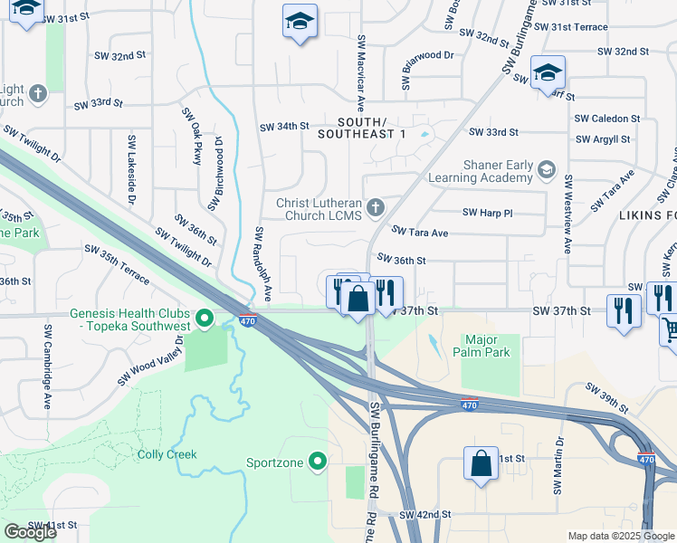 map of restaurants, bars, coffee shops, grocery stores, and more near 2325 Southwest Mayfair Place in Topeka