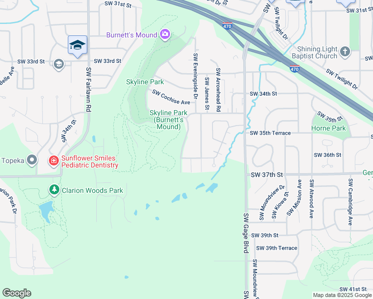 map of restaurants, bars, coffee shops, grocery stores, and more near 3501-3599 Southwest Skyline Parkway in Topeka