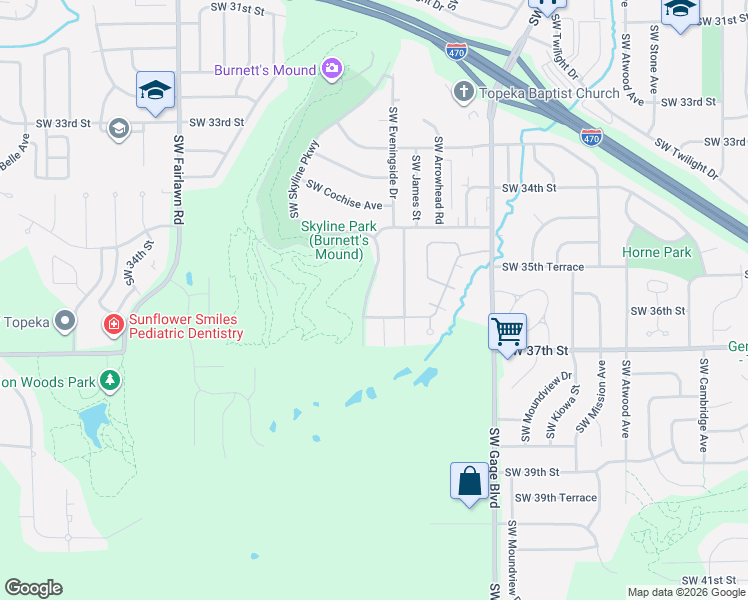 map of restaurants, bars, coffee shops, grocery stores, and more near 3501-3599 Southwest Skyline Parkway in Topeka