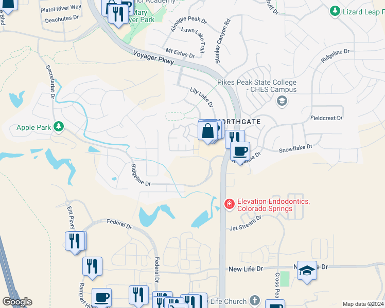 map of restaurants, bars, coffee shops, grocery stores, and more near 1562 Promontory Bluff View in Colorado Springs