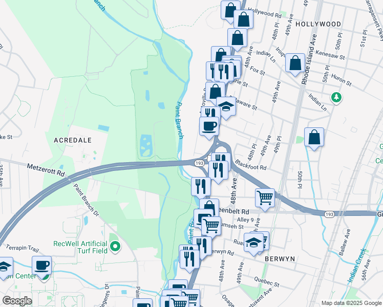 map of restaurants, bars, coffee shops, grocery stores, and more near 9008 Autoville Drive in College Park
