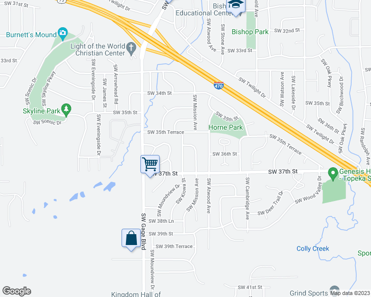 map of restaurants, bars, coffee shops, grocery stores, and more near 3553 Southwest Mission Avenue in Topeka