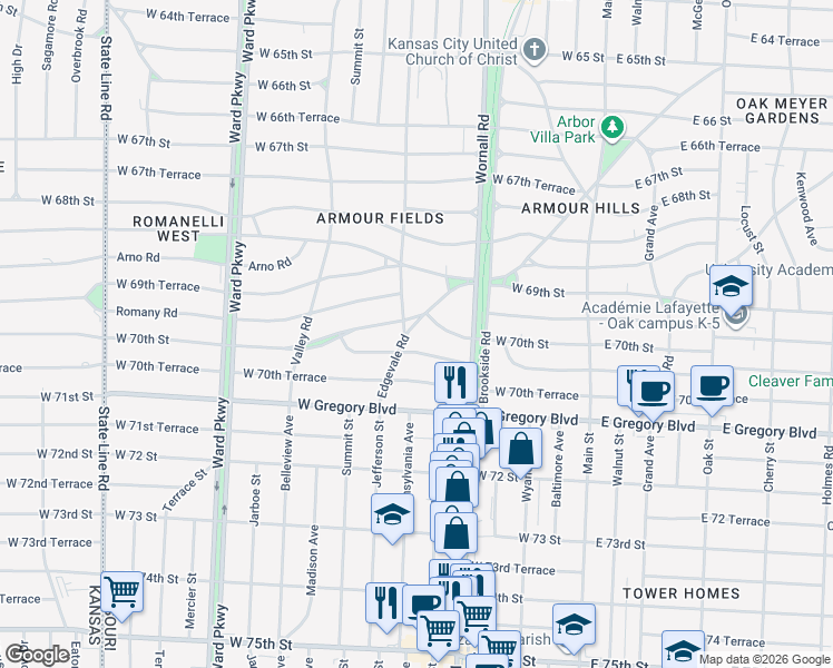 map of restaurants, bars, coffee shops, grocery stores, and more near 444 West Dartmouth Road in Kansas City