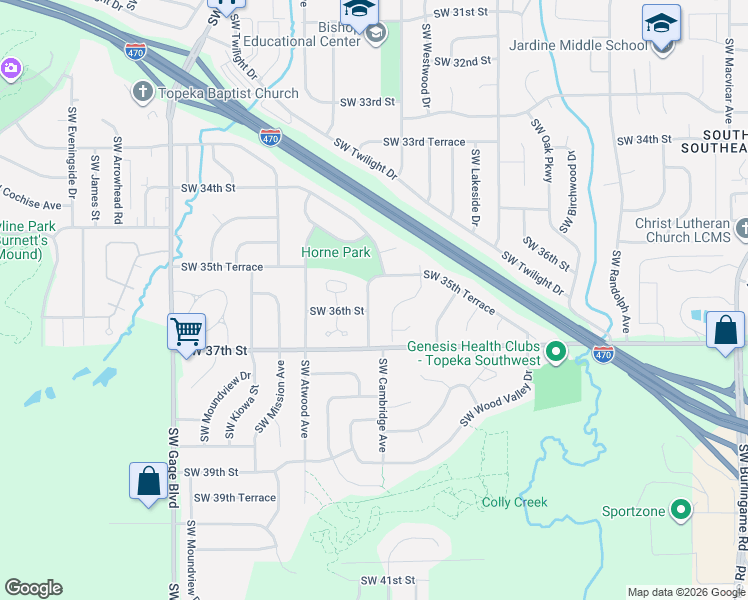 map of restaurants, bars, coffee shops, grocery stores, and more near 3556 Southwest Cambridge Avenue in Topeka