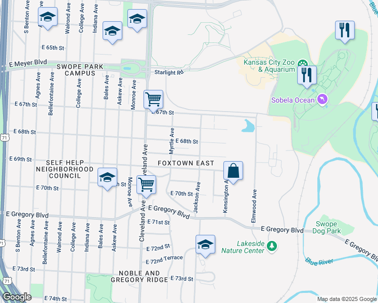 map of restaurants, bars, coffee shops, grocery stores, and more near 4031 East 68th Terrace in Kansas City