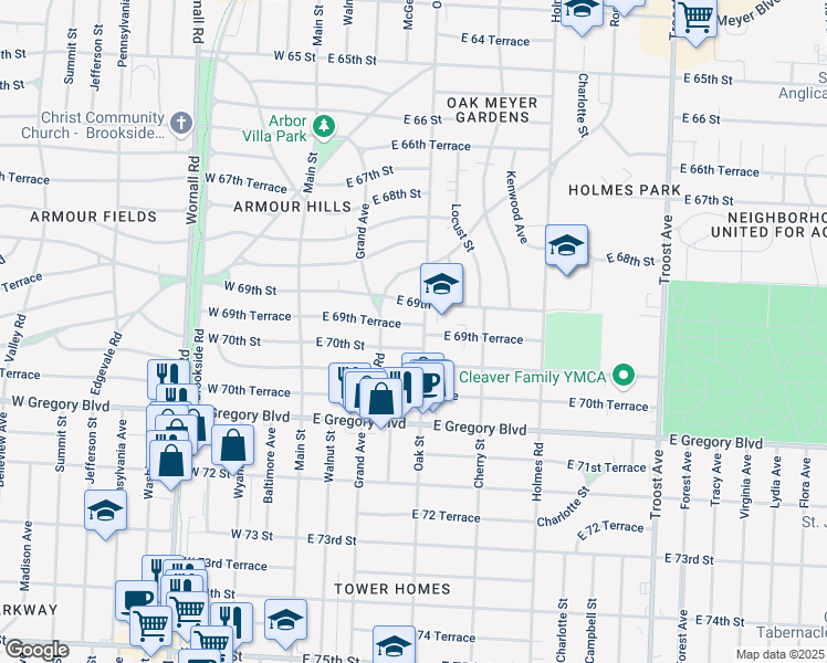 map of restaurants, bars, coffee shops, grocery stores, and more near 325 East 69th Terrace in Kansas City