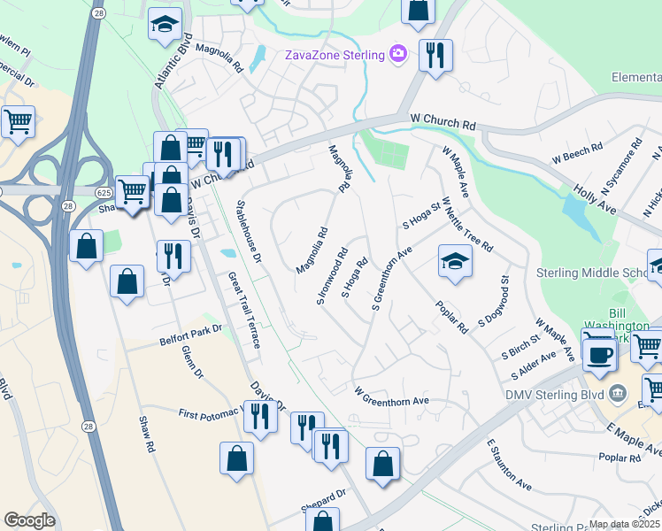 map of restaurants, bars, coffee shops, grocery stores, and more near 1017 South Ironwood Road in Sterling