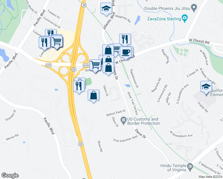 map of restaurants, bars, coffee shops, grocery stores, and more near 45315 Gable Square in Sterling