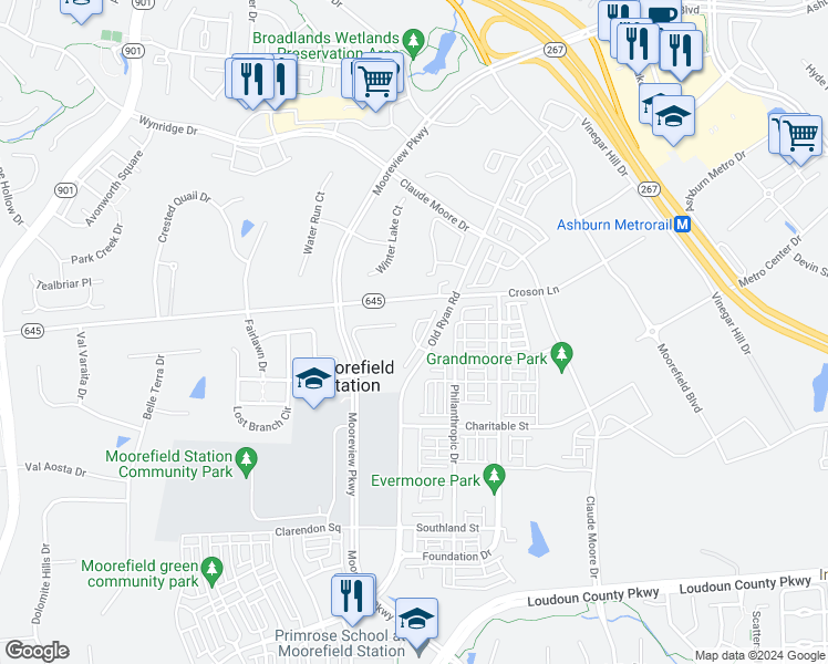 map of restaurants, bars, coffee shops, grocery stores, and more near 22222 Falling Terrace in Ashburn