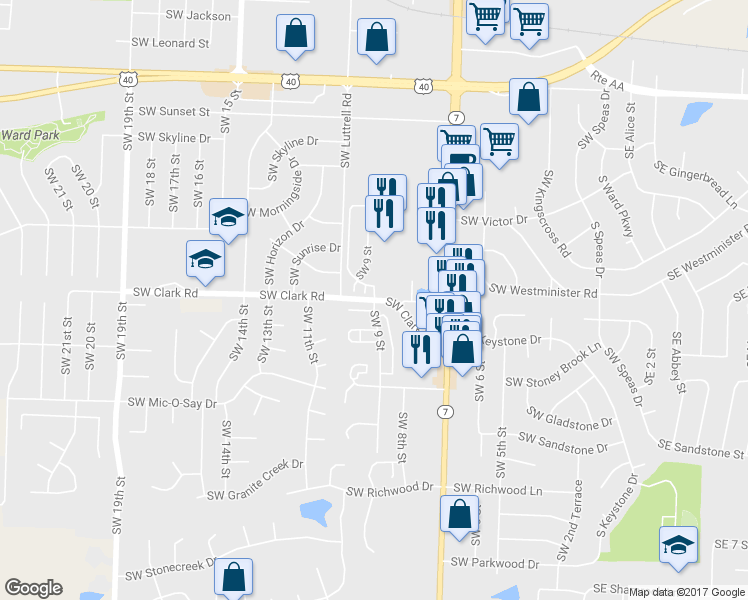 map of restaurants, bars, coffee shops, grocery stores, and more near 938 Southwest Angelia Court in Blue Springs