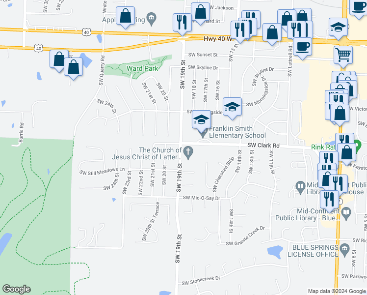 map of restaurants, bars, coffee shops, grocery stores, and more near 1821 Southwest West View Circle in Blue Springs