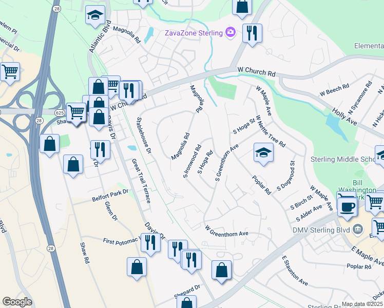 map of restaurants, bars, coffee shops, grocery stores, and more near 1017 South Ironwood Road in Sterling