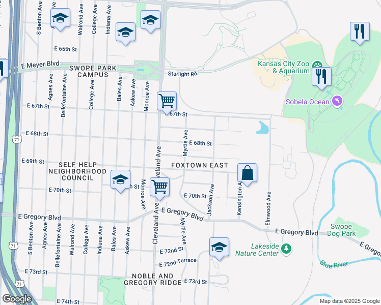 map of restaurants, bars, coffee shops, grocery stores, and more near 4001 East 68th Terrace in Kansas City