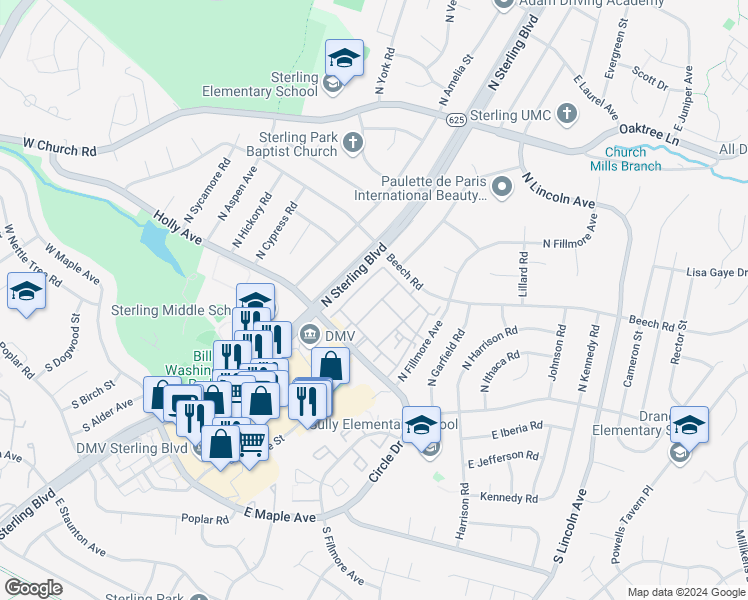 map of restaurants, bars, coffee shops, grocery stores, and more near 147 North Baylor Drive in Sterling