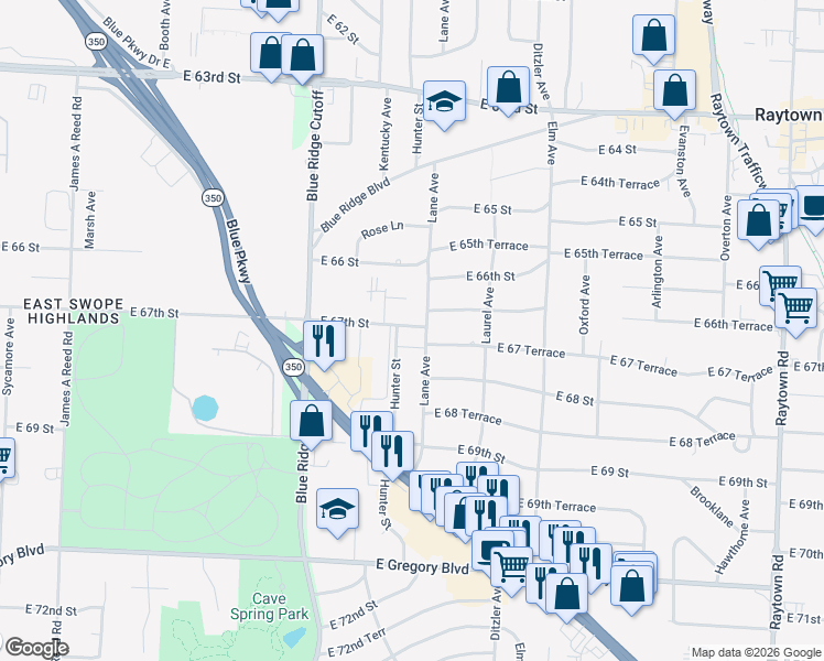 map of restaurants, bars, coffee shops, grocery stores, and more near 8911 East 67th Street in Raytown