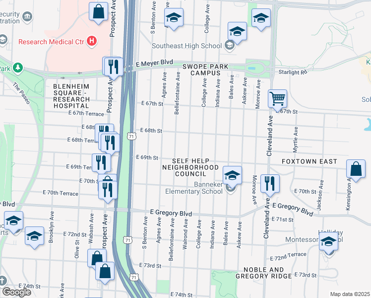 map of restaurants, bars, coffee shops, grocery stores, and more near 6832 Walrond Avenue in Kansas City