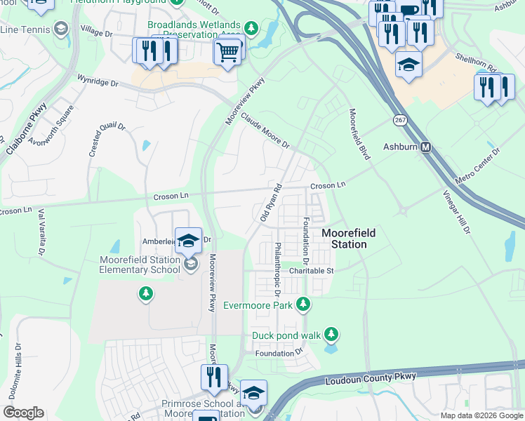 map of restaurants, bars, coffee shops, grocery stores, and more near 43360 Old Ryan Road in Ashburn