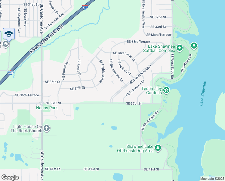 map of restaurants, bars, coffee shops, grocery stores, and more near 2400 Southeast Lakeshore Boulevard in Topeka